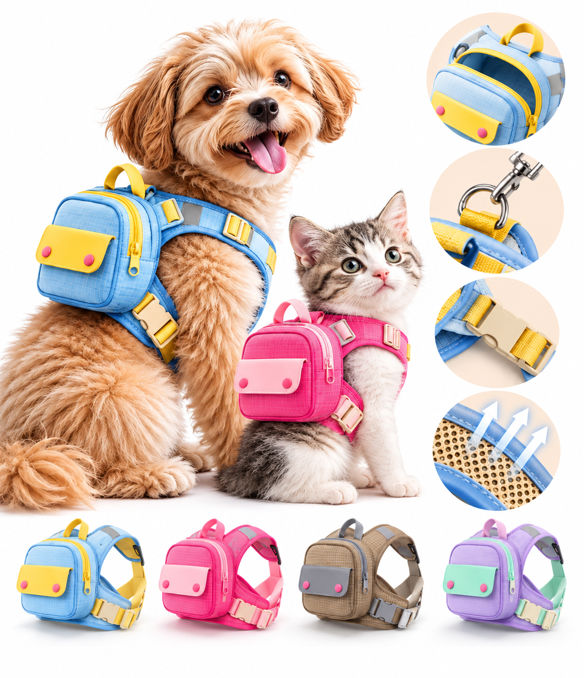 Arnés mochila PawPaseo con perro, gato, detalles y cuatro variantes