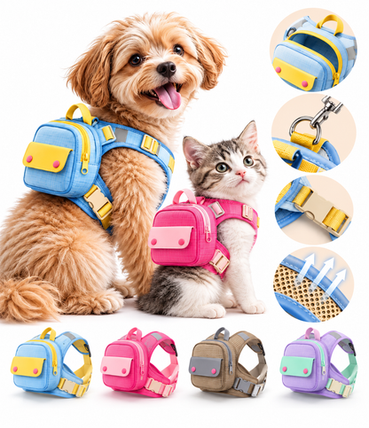 Arnés mochila PawPaseo con perro, gato, detalles y cuatro variantes