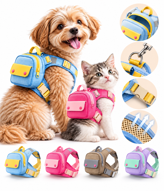Arnés mochila PawPaseo con perro, gato, detalles y cuatro variantes